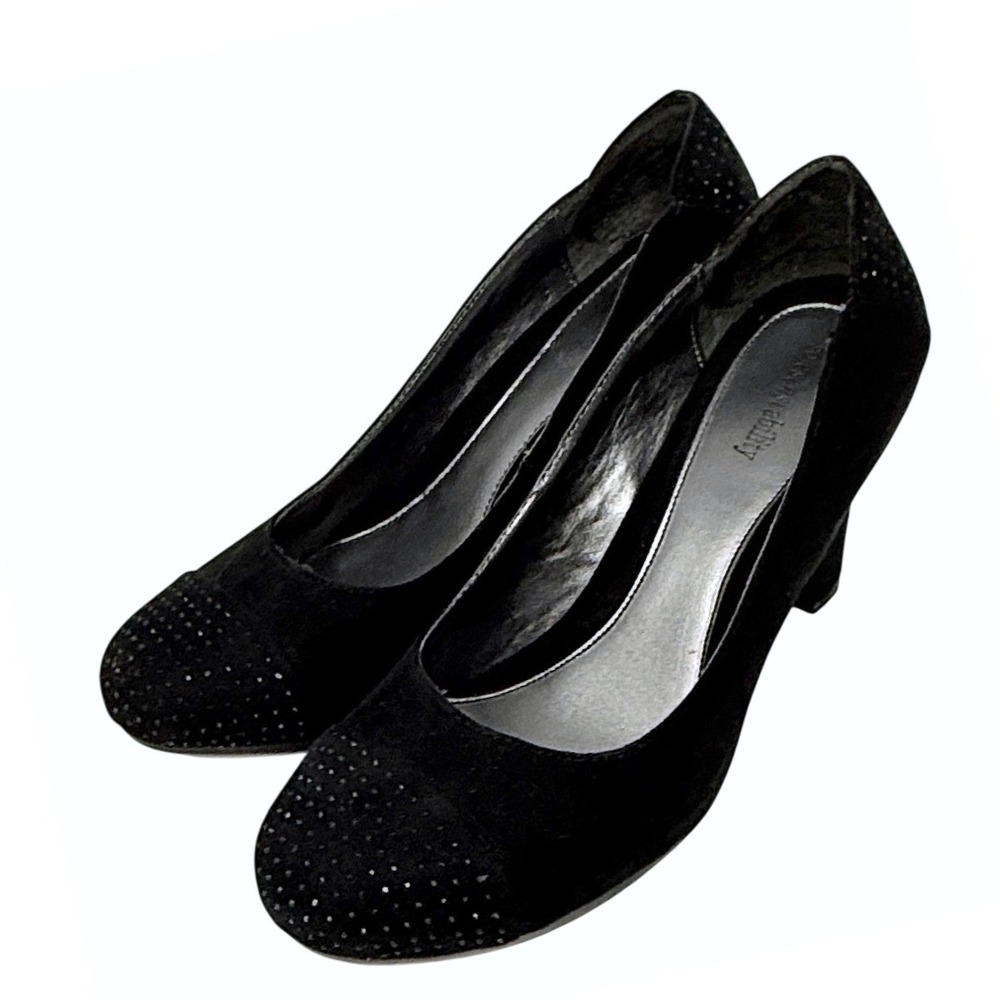 Solesenseability‎ Harlow Black Faux Suede Rhinestone Chunky Heel 8 Formal Dressy